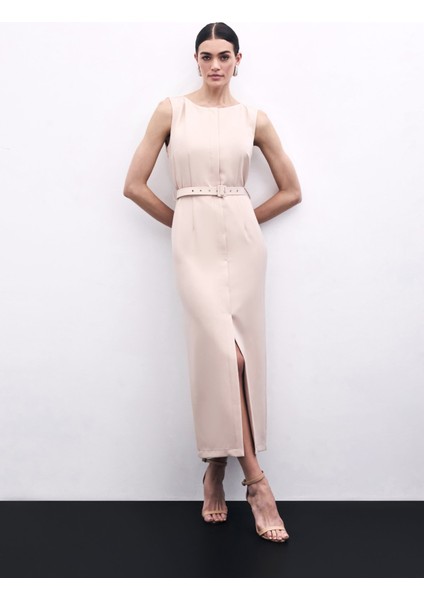 Kemerli Kalem Elbise - Bej