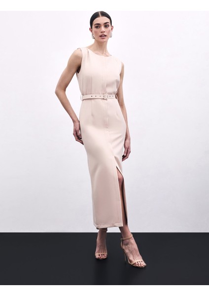 Kemerli Kalem Elbise - Bej fiyatları