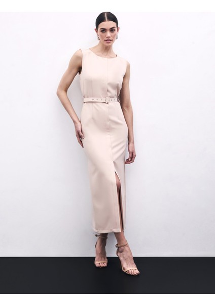 Kemerli Kalem Elbise - Bej modelleri