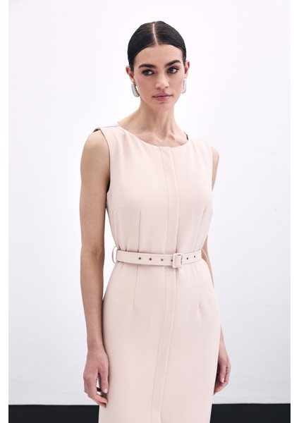 Kemerli Kalem Elbise - Bej indirimleri