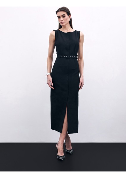 Kemerli Kalem Elbise - Siyah