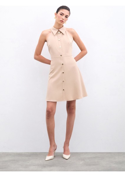 Çıtçıtlı Kısa Elbise - Bej fırsatları