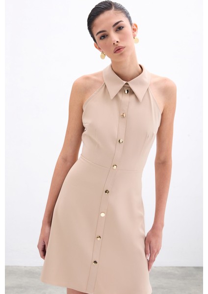 Çıtçıtlı Kısa Elbise - Bej indirimleri