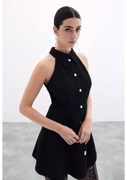 Çıtçıtlı Kısa Elbise - Siyah modelleri