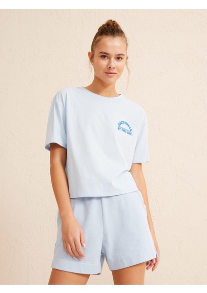 Kadın Mavi Oversize Pamuklu Tişört