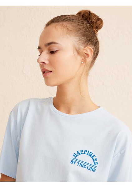 Kadın Mavi Oversize Pamuklu Tişört modelleri