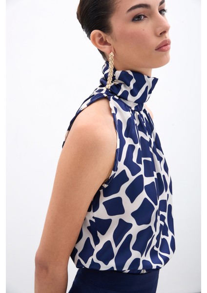 Boğazlı Kolsuz Bluz - Bej-Lacivert modelleri