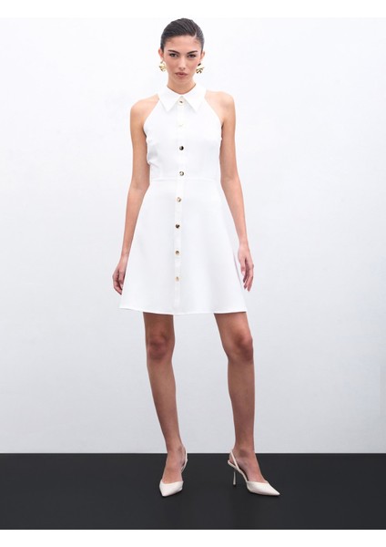 Çıtçıtlı Kısa Elbise - Ekru fiyatları