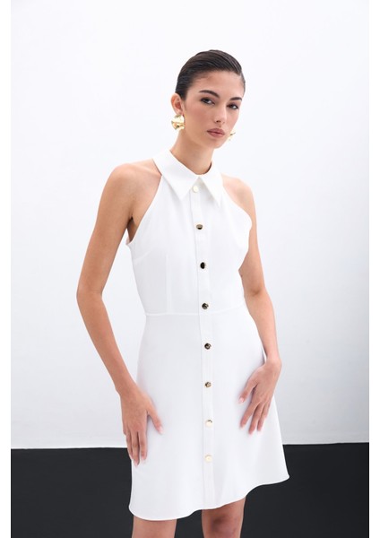 Çıtçıtlı Kısa Elbise - Ekru modelleri