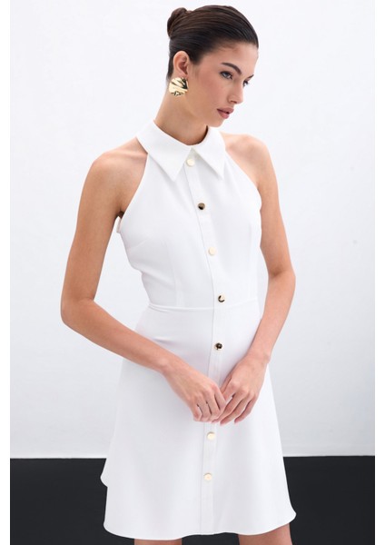 Çıtçıtlı Kısa Elbise - Ekru fırsatları