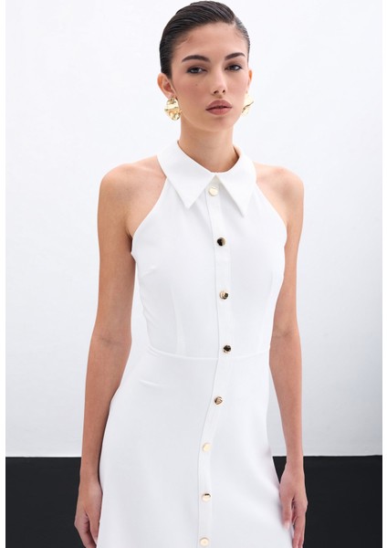 Çıtçıtlı Kısa Elbise - Ekru indirimleri