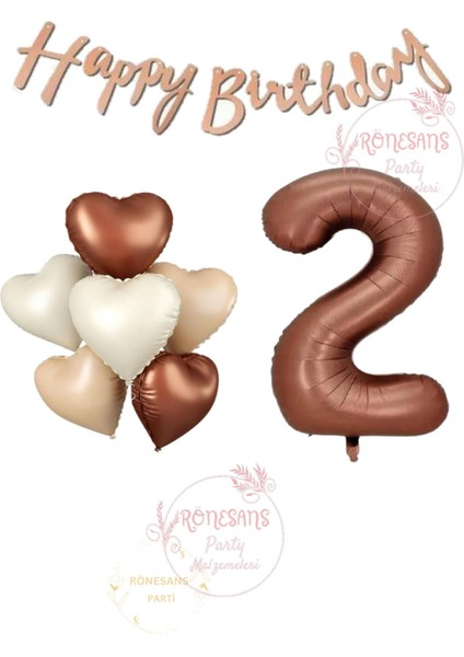 Rönesans Happy Bıthday Yazılı Kahverengi Renk Rakam ve Kalpli Folyo Balon Seti Yaş 2