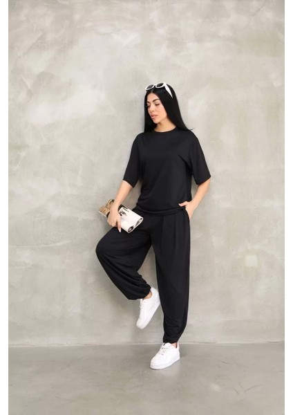Osy Modal Yumuşak Dokulu Kumaş Oversize Bisiklet Yaka T-Shirt Jogger Eşofman Altı Eşofman Takımı - Siyah