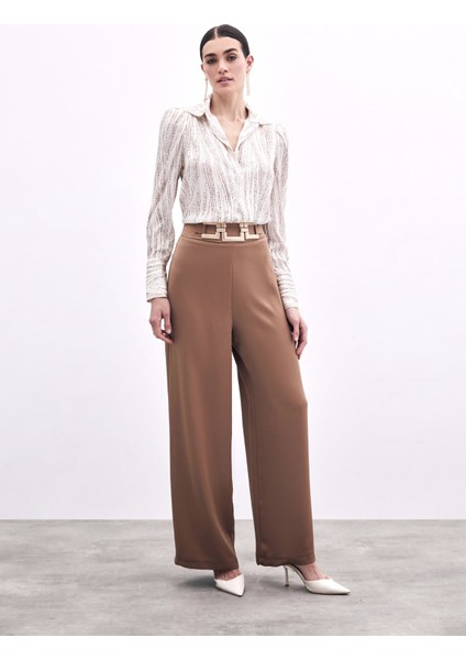 Bel Kemerli Saten Krep Pantolon - Camel