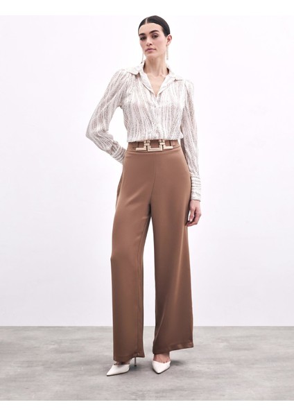 Bel Kemerli Saten Krep Pantolon - Camel fiyatları