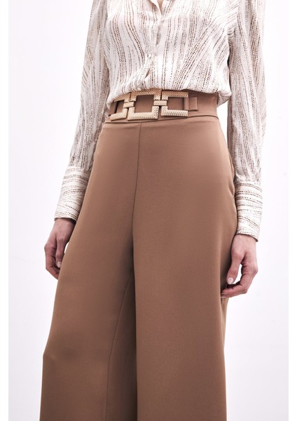 Bel Kemerli Saten Krep Pantolon - Camel modelleri