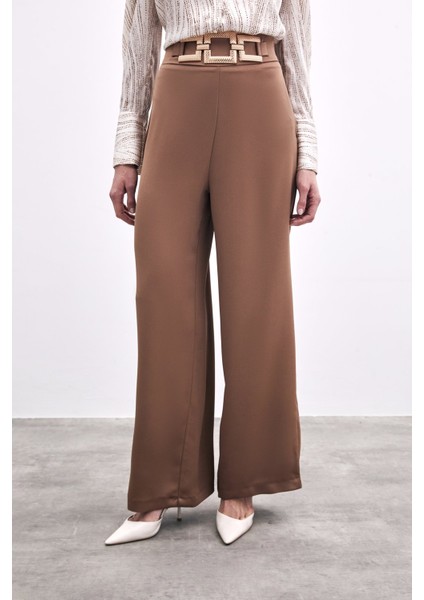 Bel Kemerli Saten Krep Pantolon - Camel fırsatları