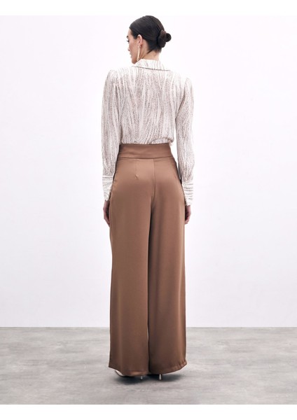 Bel Kemerli Saten Krep Pantolon - Camel indirimleri