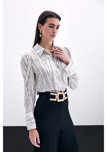 Geniş Manşetli Gömlek - Ekru-Siyah