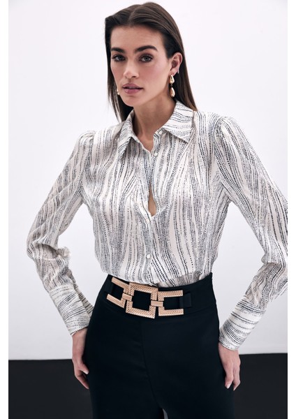 Geniş Manşetli Gömlek - Ekru-Siyah fiyatları