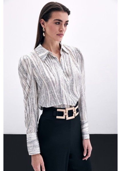 Geniş Manşetli Gömlek - Ekru-Siyah fırsatları