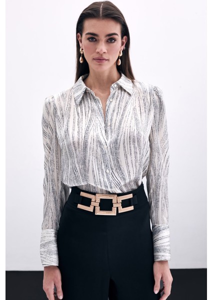 Geniş Manşetli Gömlek - Ekru-Siyah indirimleri