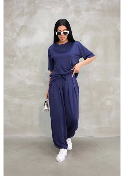 Osy Modal Yumuşak Dokulu Kumaş Oversize Bisiklet Yaka T-Shirt Jogger Eşofman Altı Eşofman Takımı - Lacivert