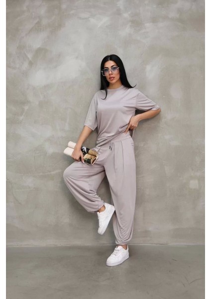Osy Modal Yumuşak Dokulu Kumaş Oversize Bisiklet Yaka T-Shirt Jogger Eşofman Altı Eşofman Takımı - Gri
