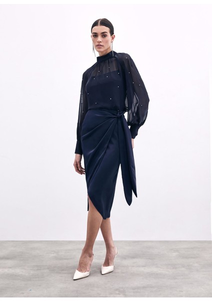 Bağlama Detaylı Kruvaze Etek - Lacivert