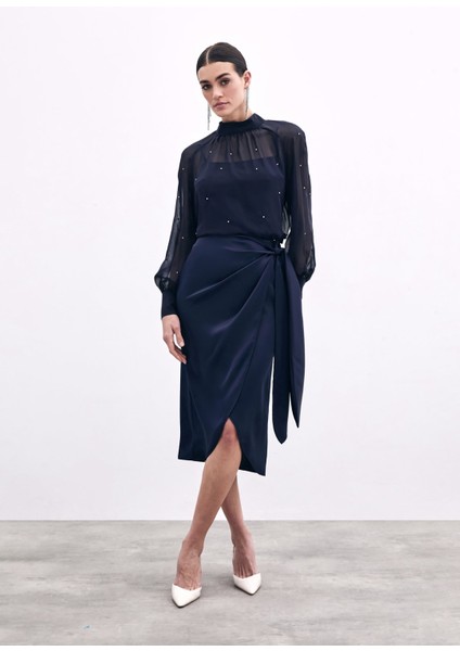 Bağlama Detaylı Kruvaze Etek - Lacivert fiyatları