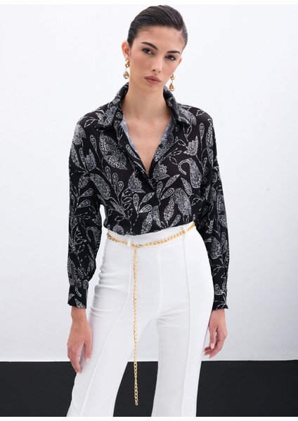 Desenli Saten Gömlek - Siyah