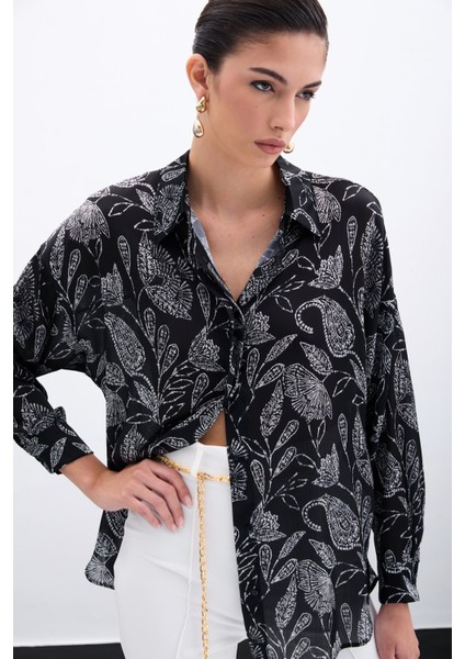 Desenli Saten Gömlek - Siyah fiyatları