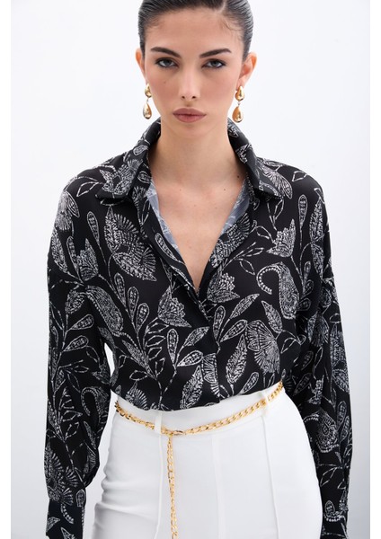 Desenli Saten Gömlek - Siyah modelleri
