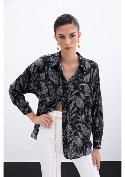 Desenli Saten Gömlek - Siyah fırsatları