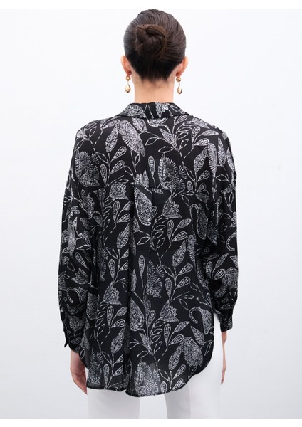 Desenli Saten Gömlek - Siyah indirimleri