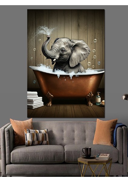 Küvette Oturan Fil Dekoratif Kanvas - Mdf Ahşap Tablo