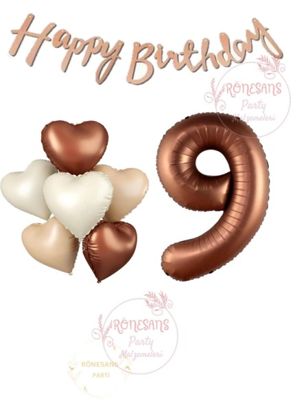 Rönesans Happy Bıthday Yazılı Kahverengi Renk Rakam ve Kalpli Folyo Balon Seti Yaş 9