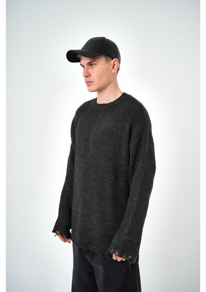 Erkek Yırtık Detaylı Oversize Triko Füme