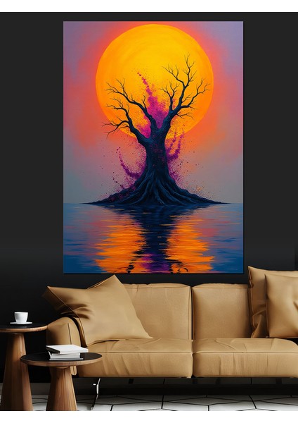 Güneş Batışında Ağaç Dekoratif Kanvas - Mdf Ahşap Tablo