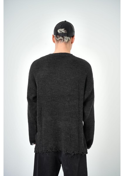 Erkek Yırtık Detaylı Oversize Triko Füme