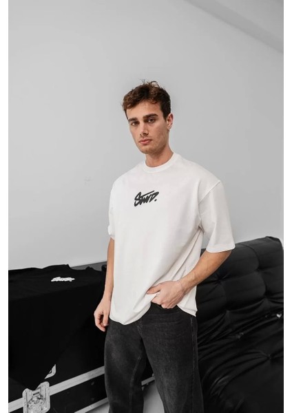 Erkek Baskılı Oversize T-Shirt - Beyaz