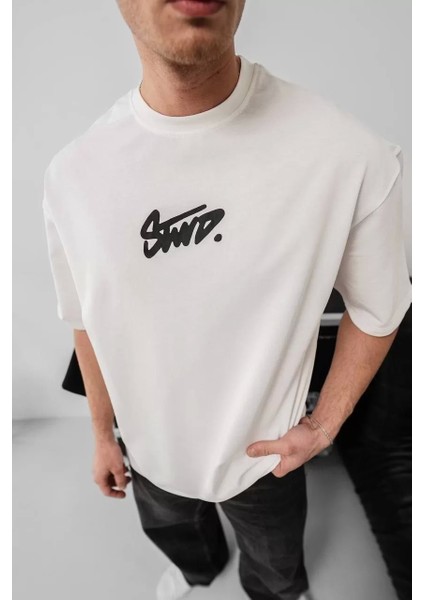 Erkek Baskılı Oversize T-Shirt - Beyaz