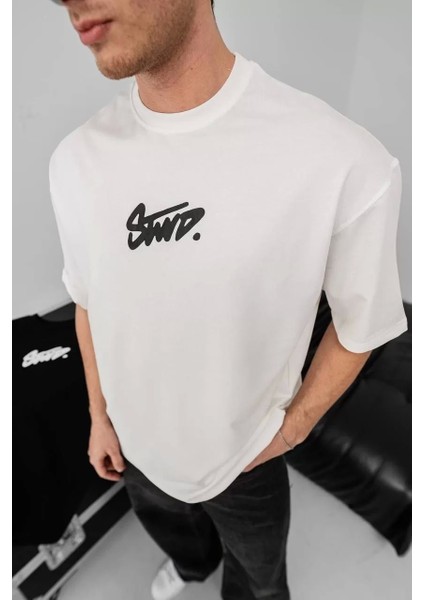 Erkek Baskılı Oversize T-Shirt - Beyaz