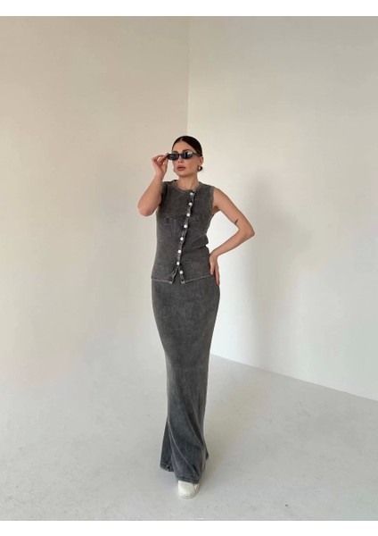 Uzun Etekli Önü Düğmeli Badi Ikili Takım- Antrasit modelleri