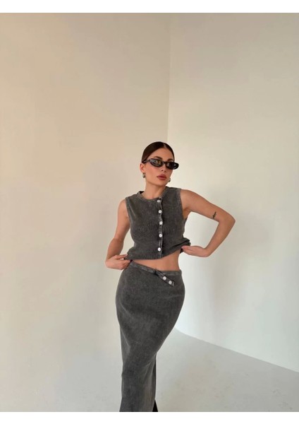 Uzun Etekli Önü Düğmeli Badi Ikili Takım- Antrasit fırsatları