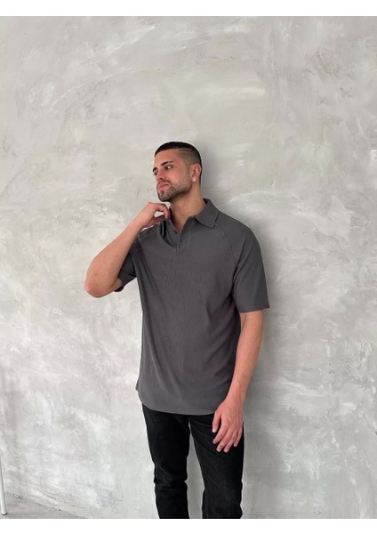 Yakalı Patlı Kısa Kol T-Shirt - Antrasit