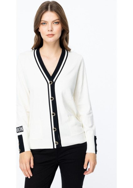 45913 Onteks V Yaka Kolları Düğme Detaylı Hırka