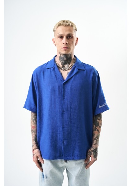 Erkek Respire Nakışlı Oversize Keten Gömlek Beyaz