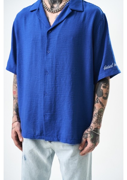 Erkek Respire Nakışlı Oversize Keten Gömlek Beyaz fırsatları