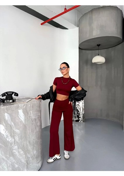 Osy Modal Yumuşak Dokulu Kumaş Kısa Kollu Crop Alt Ispanyol Paça Pantalon Ikili Takım - Bordo